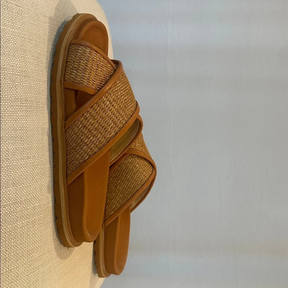 J. McLaughlin Brown Raffia Crisscross Slide Sandals